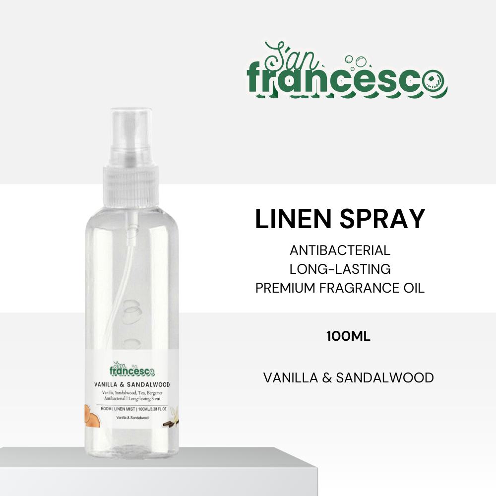 [ LINEN SPRAY ] San Francesco Linen Spray Vanilla & Sandalwood Linen Mist Spray Room Freshener Air Freshener Odor Remover Long Lasting Room Spray Linen Spray Long Lasting Linen Spray Mist Spray for Room Odor Remover Car Odor Remover